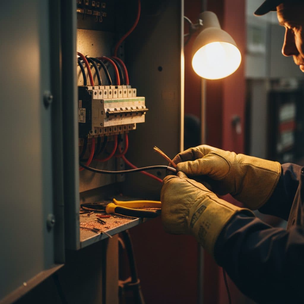 Electrician wiring a circuit breaker inside an open electrical panel