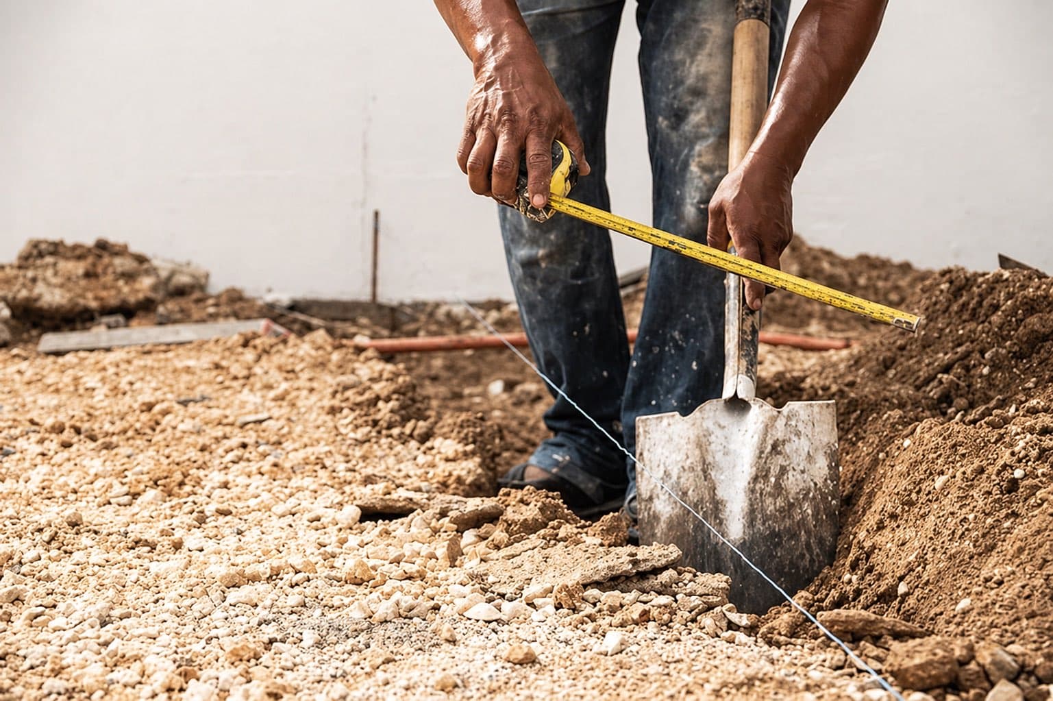 Construction worker measuring an excavated trench with a tape measure, shovel in the dirt beside him