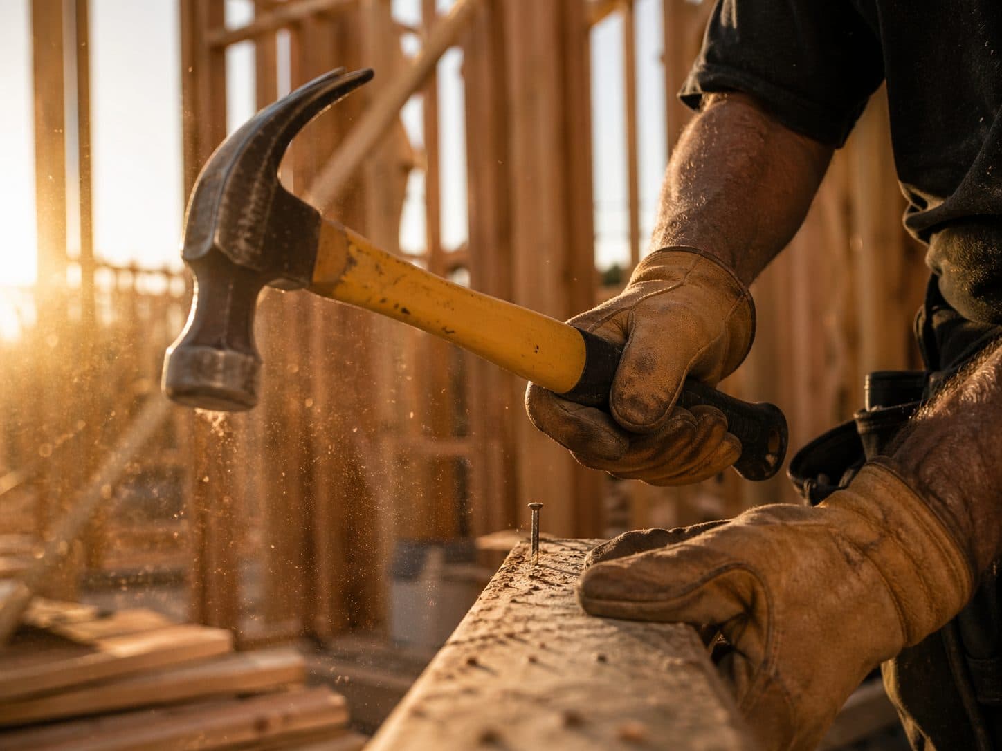 Construction contractor framing a residential wall, hammer mid-swing