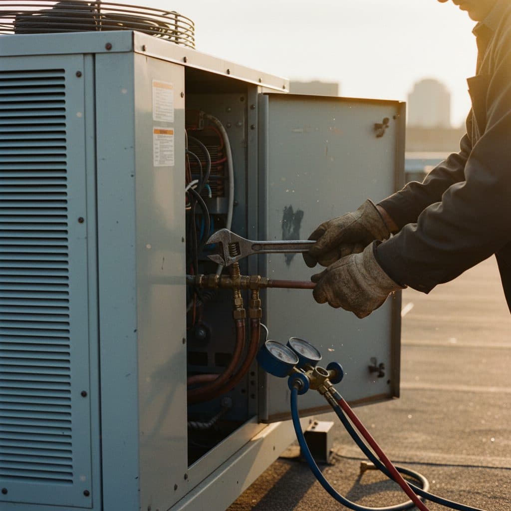 HVAC technician servicing a commercial rooftop condenser unit