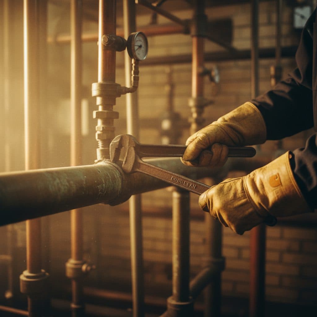 Plumber using a pipe wrench on copper pipe in a mechanical room
