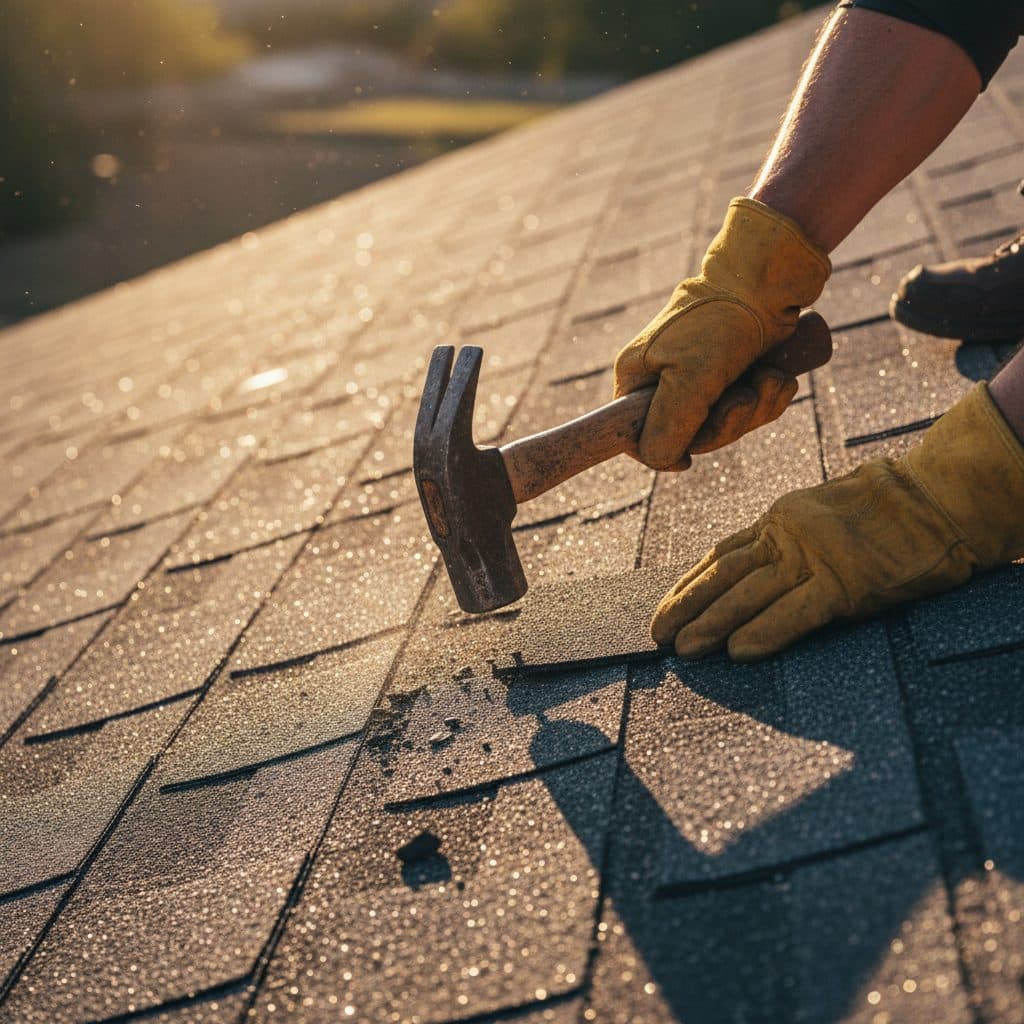 Roofer nailing asphalt shingle on a residential roof at golden hour